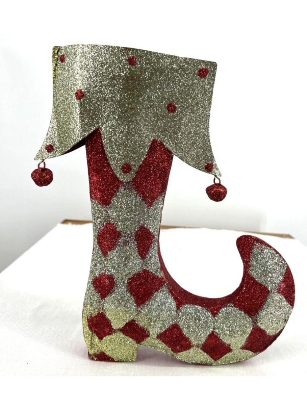 Pier One Metal Christmas Ornament Stocking Glitter Red Gold 12.5" Freestanding